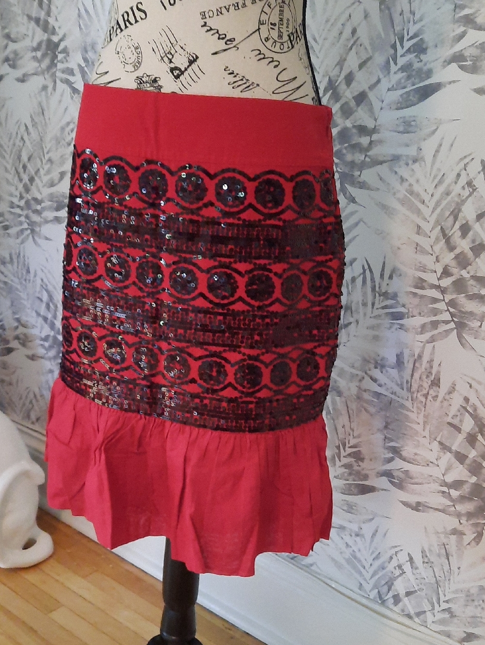 Anthropologie Red Sequin Tiered Midi Skirt